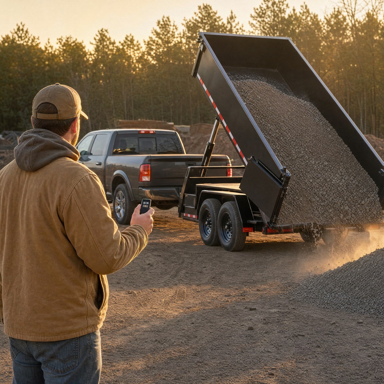 Operator dumping gravel from the ground with the LiftLink fob